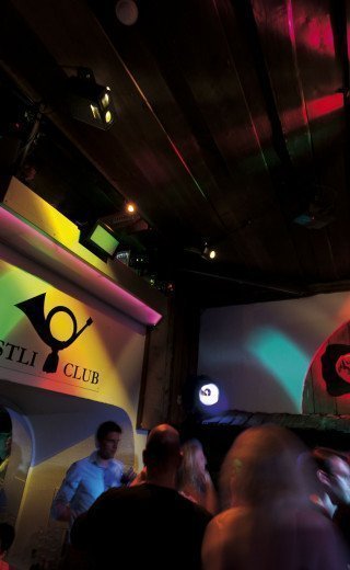 Dancing party crowd at the "Pöstli Club" in Davos